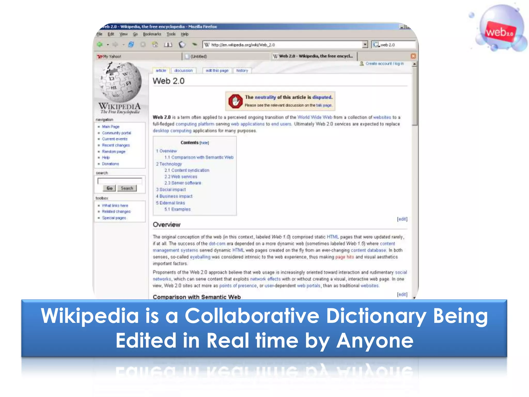 Wikipedia is a Collaborative Dictionary Being
       Edited in Real time by Anyone
 