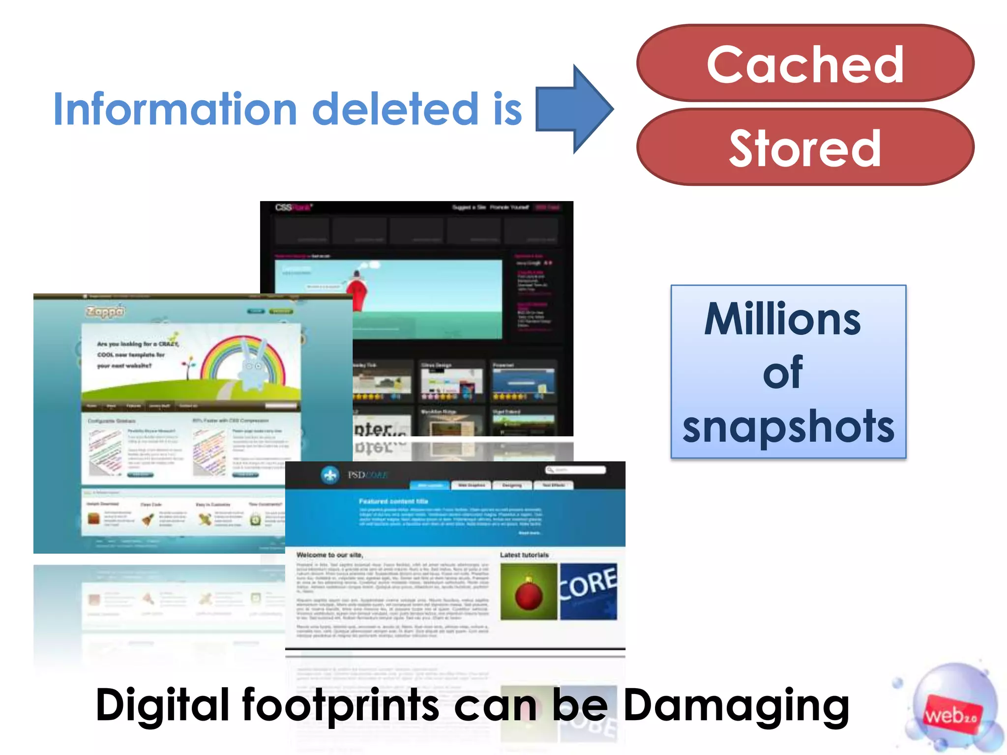 Cached
Information deleted is
                             Stored


                            Millions
                               of
                           snapshots




 Digital footprints can be Damaging
 