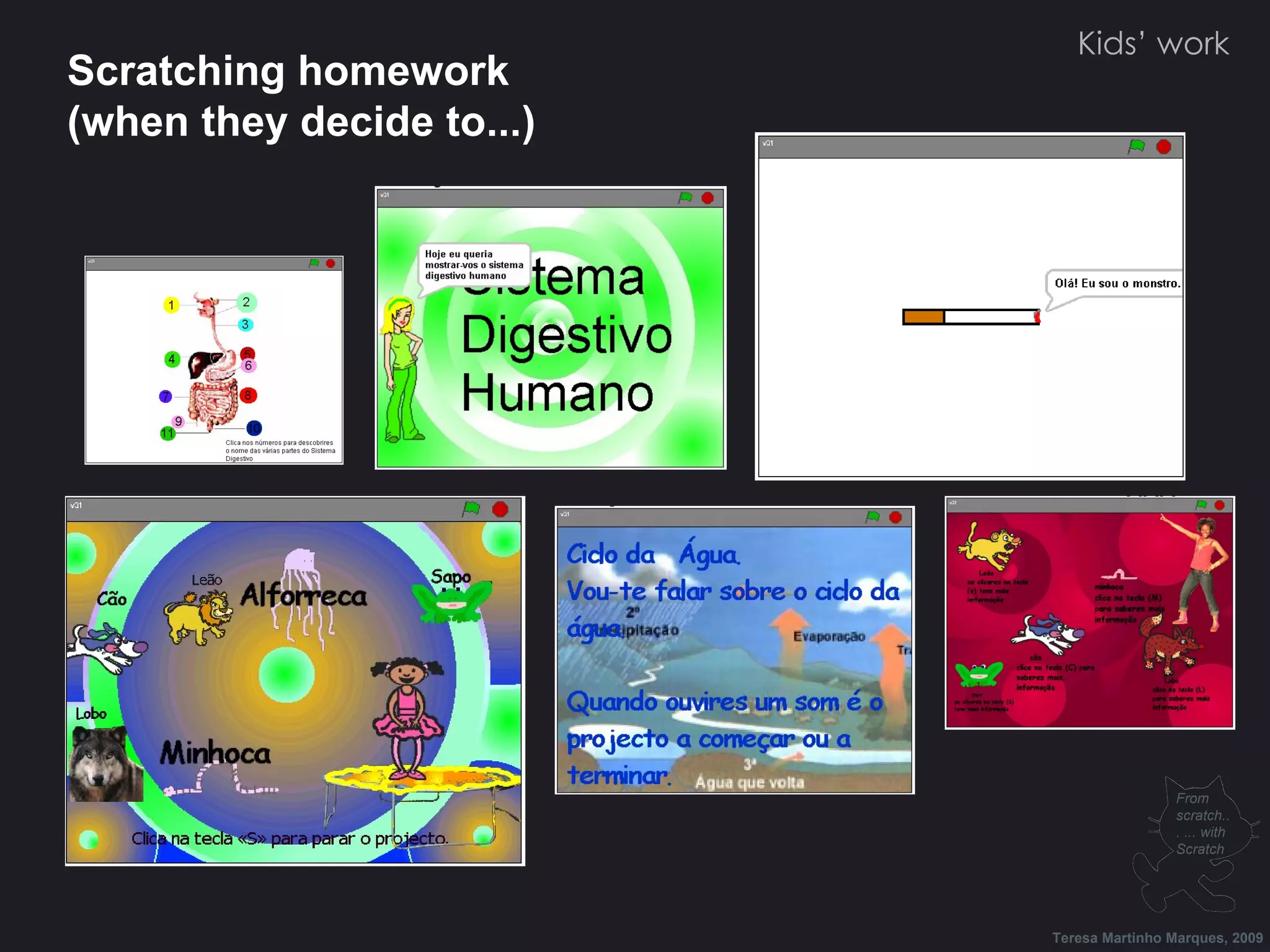 Scratching homework (when they decide to...) Teresa Martinho Marques, 2009 From scratch... ... with Scratch Kids’ work 