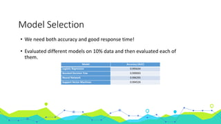 Model Selection
• We need both accuracy and good response time!
• Evaluated different models on 10% data and then evaluated each of
them.
Model Accuracy (AUC)
Logistic Regression 0.995634
Boosted Decision Tree 0.999093
Neural Network 0.996295
Support Vector Machines 0.994526
 