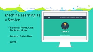 Place your screenshot here
Machine Learning as
a Service
• Frontend : HTML5, CSS3,
Bootstrap, jQuery
• Backend : Python Flask
• DEMO!
 