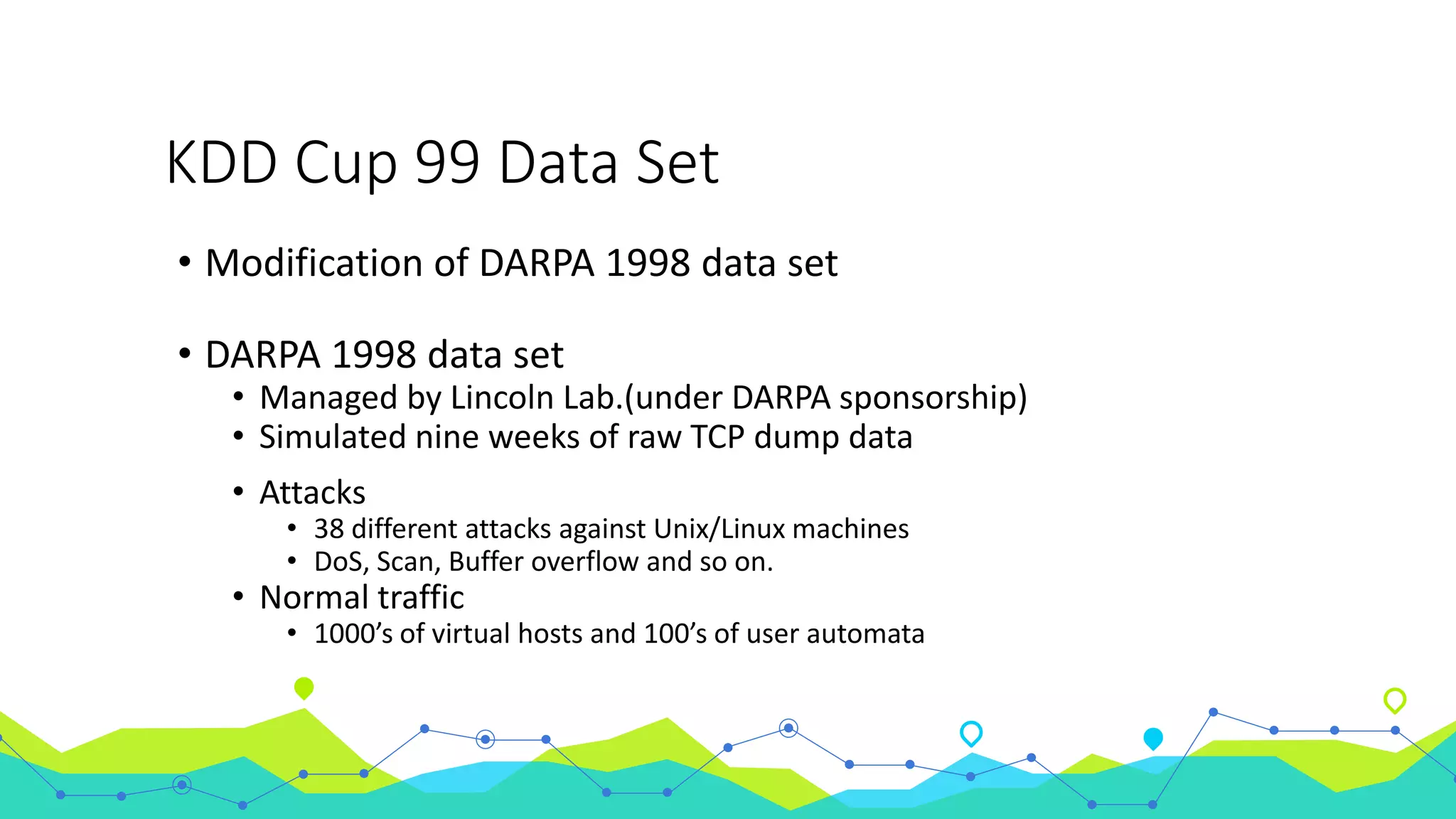 KDD Cup 99 Data Set
• Modification of DARPA 1998 data set
• DARPA 1998 data set
• Managed by Lincoln Lab.(under DARPA sponsorship)
• Simulated nine weeks of raw TCP dump data
• Attacks
• 38 different attacks against Unix/Linux machines
• DoS, Scan, Buffer overflow and so on.
• Normal traffic
• 1000’s of virtual hosts and 100’s of user automata
 