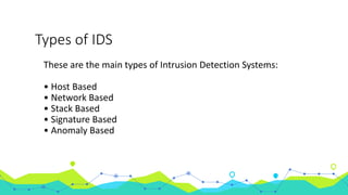 Types of IDS
These are the main types of Intrusion Detection Systems:
• Host Based
• Network Based
• Stack Based
• Signature Based
• Anomaly Based
 