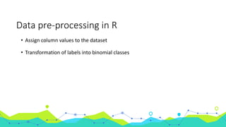 Data pre-processing in R
• Assign column values to the dataset
• Transformation of labels into binomial classes
 