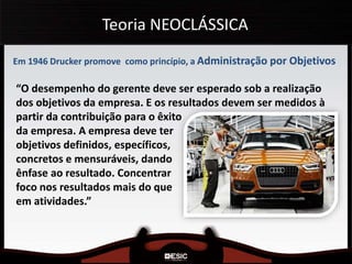 Teoria NEOCLÁSSICA
Em 1946 Drucker promove como princípio, a Administração por Objetivos
“O desempenho do gerente deve ser esperado sob a realização
dos objetivos da empresa. E os resultados devem ser medidos à
partir da contribuição para o êxito
da empresa. A empresa deve ter
objetivos definidos, específicos,
concretos e mensuráveis, dando
ênfase ao resultado. Concentrar
foco nos resultados mais do que
em atividades.”
 