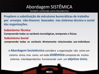 Abordagem SISTÊMICA
Também conhecida como Sociotécnica
Propõem a substituição de estruturas burocráticas de trabalho
por arranjos não-lineares baseados nos sistemas técnico e social
das organizações.
Subsistema Técnico
Compreende todas as variáveis tecnológicas, temporais e físicas
Subsistema Social
compreende todas as variáveis diretamente relacionadas aos indivíduos
A Abordagem Sociotécnica considera a organização não como um
sistema único, mas como um todo sistêmico composto de muitos
sistemas interdependentes funcionando com um objetivo único.
 