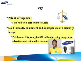 Legal
•Patentinfringement
• $548millioninsettlementtoApple
•Suedforfaultyequipmentandimproperuseofacelebrity
image
• PelehassuedSamsungfor$30millionforusingimageinan
advertisementwithouthisconsent.
 