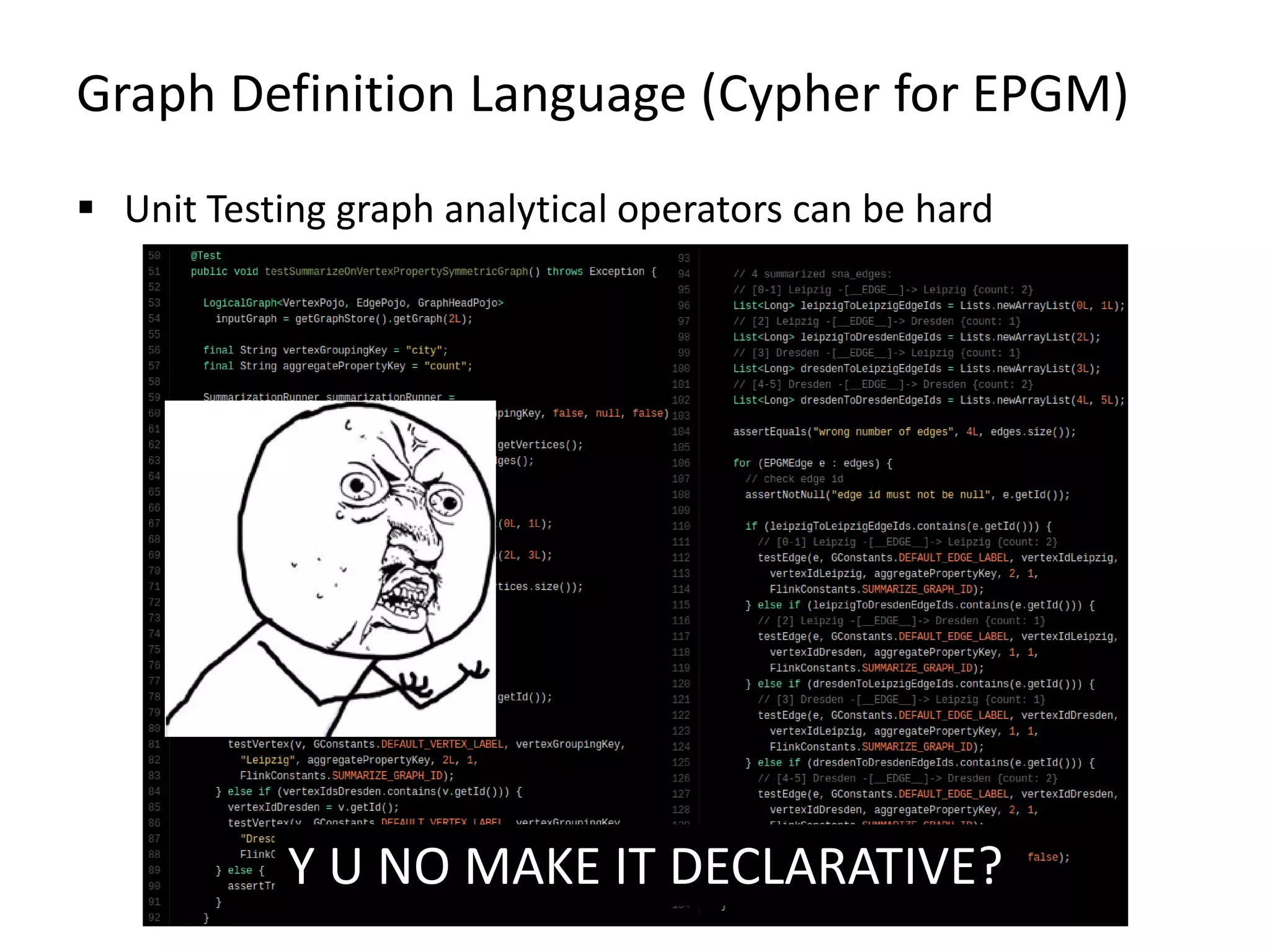 Graph Definition Language (Cypher for EPGM)  Unit Testing graph analytical operators can be hard Y U NO MAKE IT DECLARATIVE? 