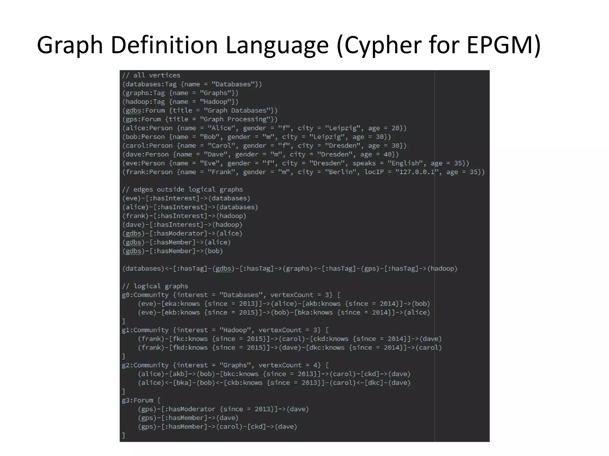 Graph Definition Language (Cypher for EPGM) 