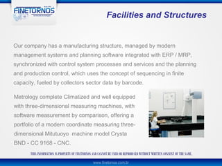 Facilities and Structures


Our company has a manufacturing structure, managed by modern
management systems and planning software integrated with ERP / MRP,
synchronized with control system processes and services and the planning
and production control, which uses the concept of sequencing in finite
capacity, fueled by collectors sector data by barcode.

Metrology complete Climatized and well equipped
with three-dimensional measuring machines, with
software measurement by comparison, offering a
portfolio of a modern coordinate measuring three-
dimensional Mitutuoyo machine model Crysta
BND - CC 9168 - CNC.
       THIS INFORMATION IS PROPERTY OF FINETORNOS AND CANNOT BE USED OR REPRODUCED WITHOUT WRITTEN CONSENT OF THE SAME.
 