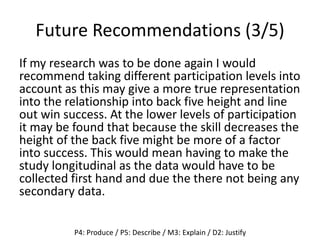 Future Recommendations (3/5)
If my research was to be done again I would
recommend taking different participation levels into
account as this may give a more true representation
into the relationship into back five height and line
out win success. At the lower levels of participation
it may be found that because the skill decreases the
height of the back five might be more of a factor
into success. This would mean having to make the
study longitudinal as the data would have to be
collected first hand and due the there not being any
secondary data.
P4: Produce / P5: Describe / M3: Explain / D2: Justify
 