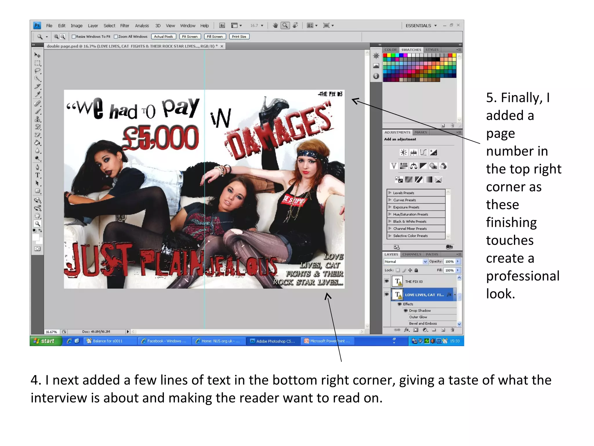 4. I next added a few lines of text in the bottom right corner, giving a taste of what the interview is about and making the reader want to read on. 5. Finally, I added a page number in the top right corner as these finishing touches create a professional look. 