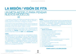 LA MISIÓN / VISIÓN DE FITA
Presentación proyecto FITA INTERNATIONAL
FITA “FROM INNOVATION TO ACTION. ALL RIGHTS RESERVED. TM, ® & COPYRIGHT © 2013
* FITA WIT: punto fractal de ingenio, talento, inteligencia y sabiduría.
* FITA BOOK: fundamentos internacionales de transferencia de conocimiento
y acción transformadora.
UN META-MODELO PARA PENSAR
NUEVOS MODELOS:
1. La creación y fomento de iniciativas que respondan al ideario de un
modelo económico basado en las personas y para las personas, y
fundamentado en el conocimiento, la inteligencia y el talento.
2. La introducción de la responsabilidad individual y social como factor de
producción y para resolver las necesidades de mercado debidamente
ponderadas y de alto valor añadido, singular y universal.
3. La radical transformación de la cohesión social -hasta ahora basada
en el Estado del "BienEstar" asistencialista- para complementarla con
una Sociedad del “BienSer” generadora de progreso económico y
social que desarrolle en esencia el SER, siendo SOLIDARIOS.
VISIÓN:
"UNIVERSALIZAR (FITA'S) LA CULTURA Y EL CONOCIMIENTO CREAN-
DO PROYECTOS DE ALTO IMPACTO POR EL BIEN COMUNITARIO
CON ECOSISTEMAS INNOVADORES, DESARROLLADOS MEDIANTE
UNA" CESTA "DE CONTENIDOS O “CONCEPT MARKET "(FITA BOOK
*) ACOMPAÑANDO A LA PERSONA CREATIVA A CONSTRUIR NEXOS
DE UNIÓN ENTRE EL CONOCIMIENTO TÁCITO (vivencial) POR UNA
PARTE Y EL PROFESIONAL (asistencial), ACADÉMICO (docente) y
CIENTÍFICO (investigación) POR OTRA".
MISIÓN:
"CONSTRUCCIÓN DE ESPACIOS FÍSICOS (FITA'S) DISTRIBUIDOS POR
TODO EL TERRITORIO EN RED NODAL, GENERADORES DE PROGRE-
SO SOCIAL Y ECONÓMICO SIGUIENDO MODELOS FRACTALES
ORGANIZATIVOS DE CONOCIMIENTO TRANSGENERACIONALES,
TRANSDISCIPLINARES Y TRANSCULTURALES".
3
1
2
3
4
5
6
7
8
9
10
11
12
13
14
15
¿QUÉ QUEREMOS?
Aportar a la sociedad...
nuevas formas de pensar modelos necesarios,
innovadores y transformadores,
en los campos de la cultura y la formación,
la salud, el aprendizaje y la sostenibilidad,
con las tecnologías y las redes,
que integren lo social y económico,
con el factor humano,
haciéndolo sin barreras de intermediación directa en la gestión,
innovando y promoviendo iniciativas singulares,
abiertas al mundo,
preocupados y ocupados en los retos,
complejos y diversos,
transgeneracionales, transdisciplinarios, transculturales,
de un mundo globalizado.
PONER ALMA A LA GLOBALIZACIÓN
 