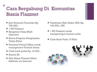 Cara Bergabung Di  Komunitas Bisnis Flazznet Join Personal Franchise Rp. 185.000,- 1 HU Flazznet Keagenan Pulsa Multi Operator Bonus Program Penghasilan Tanpa Batas Personal Virtual Office untuk management Pribadi bisnis  Cash back pulsa Rp. 15.000,- Starter Kit Hak Akses Flazznet Matic Software via Internet Tambahan Hak Usaha (HU) Rp. 165.000,-/HU 1 HU Flazznet untuk mempercepat income anda Cash Back Pulsa 15 Ribu 