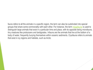 fauna refers to all the animals in a specific region, the term can also be subdivided into special
groups that share some commonality with each other. For instance, the term megafauna is used to
distinguish large animals that exist in a particular time and place, with its opposite being microfauna,
tiny creatures like protozoans and tardigrades. Infauna are the animals that live at the bottom of a
body of water, frequently burying themselves within oceanic sediments. Cryofauna refers to animals
that exist in icy regions and habitats, such as Arctic
 