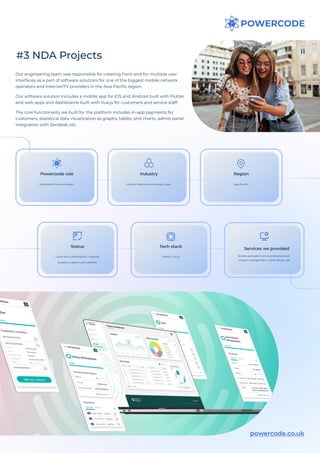 #3 NDA Projects
Our engineering team was responsible for creating front-end for multiple user
interfaces as a part of software solutions for one of the biggest mobile network
operators and Internet/TV providers in the Asia Pacific region.

Our software solution includes a mobile app for iOS and Android built with Flutter
and web apps and dashboards built with Vue.js for customers and service staff. 

The core functionality we built for the platform includes in-app payments for
customers, statistical data visualization as graphs, tables, and charts, admin panel
integration with Zendesk, etc. 

powercode.co.uk
Dedicated Front-end team
Powercode role
Asia Pacific
Region
Long-term collaboration, ongoing
projects, support and updates
Status
Mobile, Telecommunications, SaaS
Industry
Flutter, Vue.js
Tech stack
Mobile and web front-end development,
project management, UI/UX design, QA
Services we provided
 