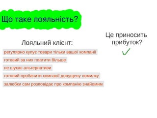 регулярно купує товари тільки вашої компанії
Лояльний клієнт:
готовий за них платити більше
не шукає альтернативи
готовий пробачити компанії допущену помилку
залюбки сам розповідає про компанію знайомим
Це приносить
прибуток?
Що таке лояльність?
 