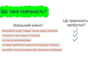 регулярно купує товари тільки вашої компанії
Лояльний клієнт:
готовий за них платити більше
не шукає альтернативи
готовий пробачити компанії допущену помилку
залюбки сам розповідає про компанію знайомим
Це приносить
прибуток?
Що таке лояльність?
 