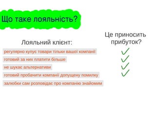 регулярно купує товари тільки вашої компанії
Лояльний клієнт:
готовий за них платити більше
не шукає альтернативи
готовий пробачити компанії допущену помилку
залюбки сам розповідає про компанію знайомим
Це приносить
прибуток?
Що таке лояльність?
 