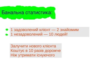 Залучити нового клієнта
Коштує в 10 разів дорожче
Ніж утримати існуючого
Банальна статистика:
1 задоволений клієнт — 2 знайомим
1 незадоволений — 10 людей!
 