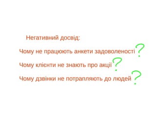 Негативний досвід:
Чому не працюють анкети задоволеності
Чому клієнти не знають про акції
Чому дзвінки не потрапляють до людей
 