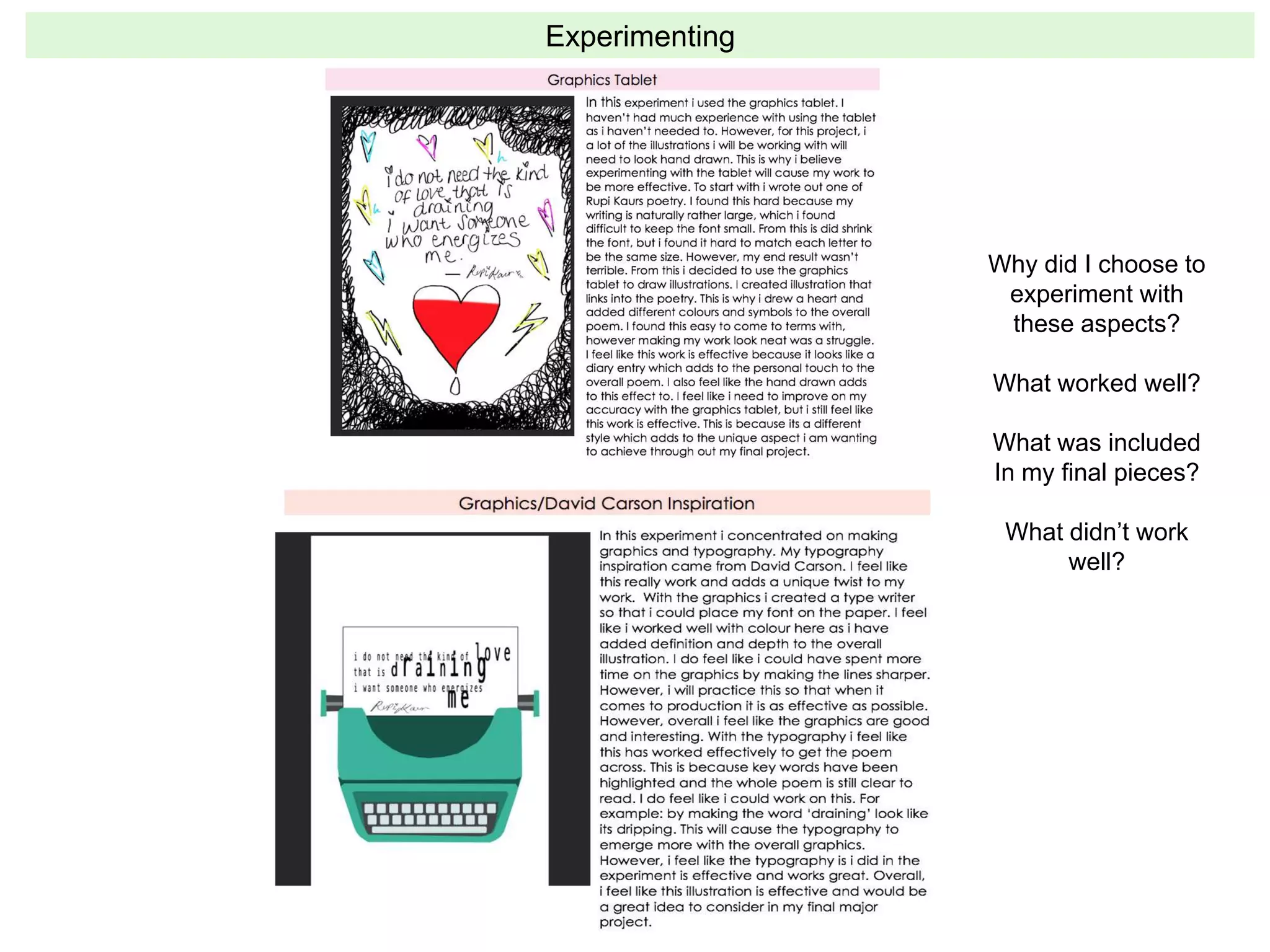 Experimenting
Why did I choose to
experiment with
these aspects?
What worked well?
What was included
In my final pieces?
What didn’t work
well?
 