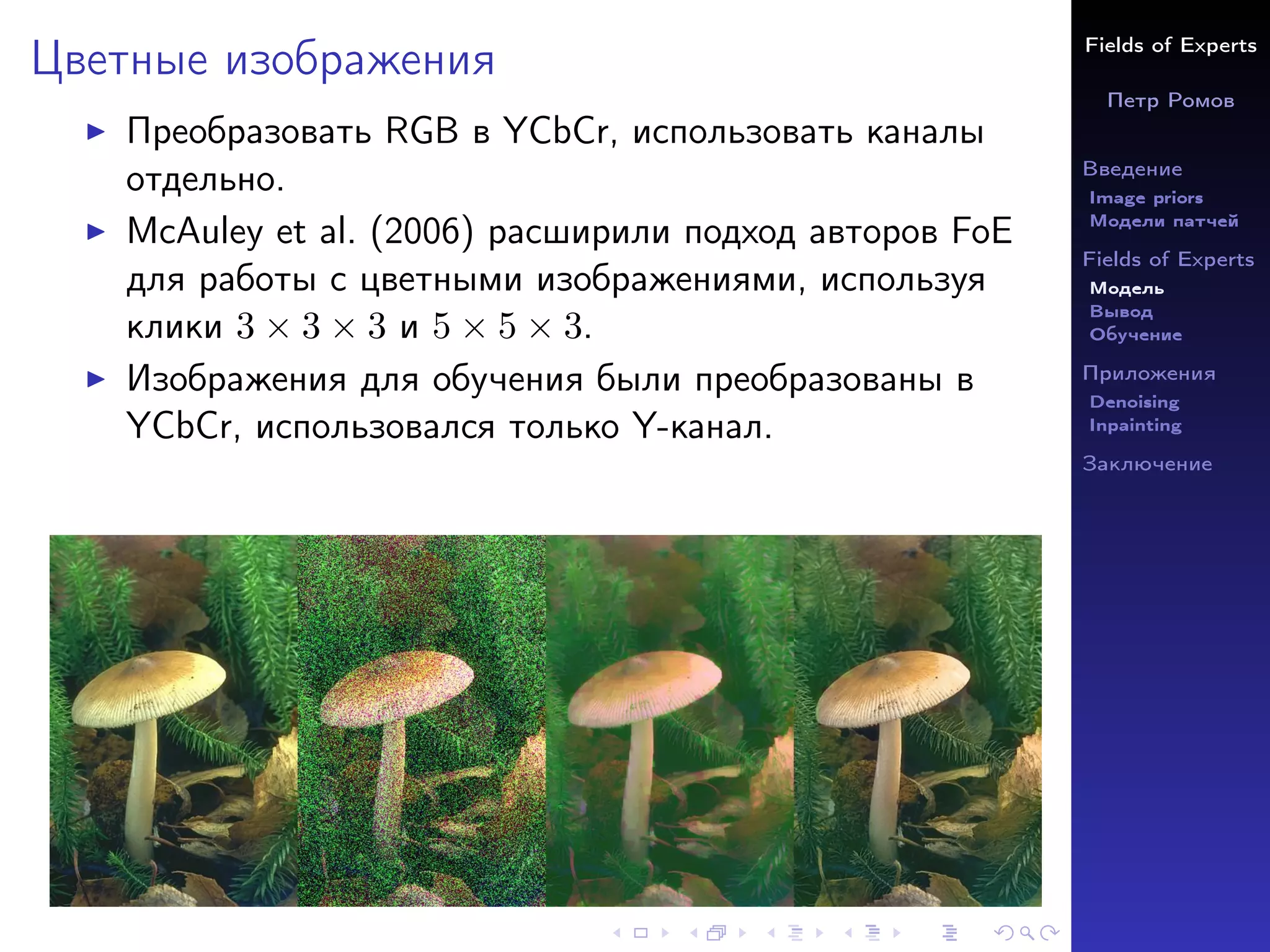 Fields of Experts
Петр Ромов
Введение
Image priors
Модели патчей
Fields of Experts
Модель
Вывод
Обучение
Приложения
Denoising
Inpainting
Заключение
Цветные изображения
I Преобразовать RGB в YCbCr, использовать каналы
отдельно.
I McAuley et al. (2006) расширили подход авторов FoE
для работы с цветными изображениями, используя
клики 3 × 3 × 3 и 5 × 5 × 3.
I Изображения для обучения были преобразованы в
YCbCr, использовался только Y-канал.
 