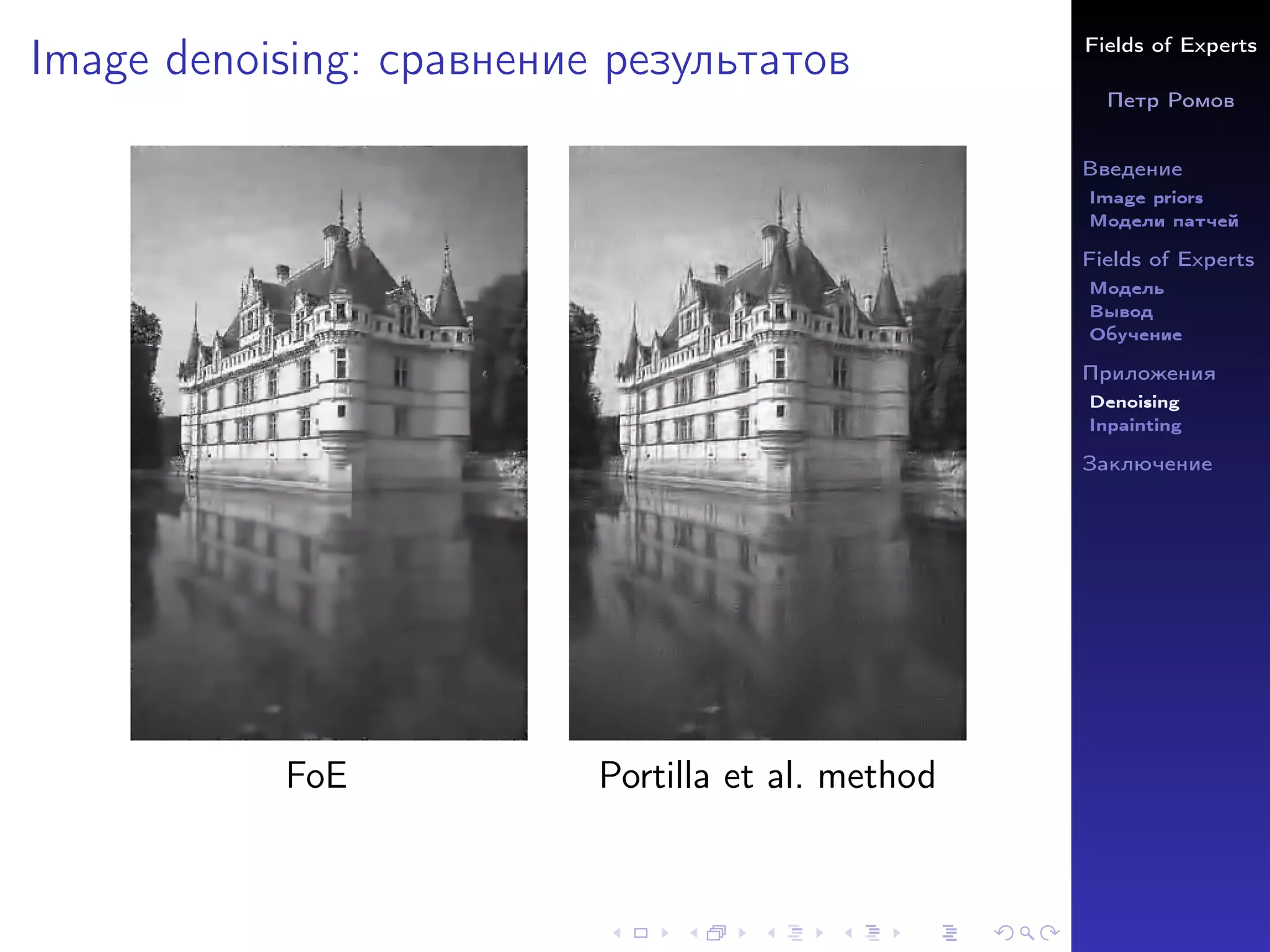 Fields of Experts
Петр Ромов
Введение
Image priors
Модели патчей
Fields of Experts
Модель
Вывод
Обучение
Приложения
Denoising
Inpainting
Заключение
Image denoising: сравнение результатов
FoE Portilla et al. method
 