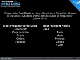 7o f 24

“People define Social Media so many different ways. Citing them all would
   be impossible, but adding another definition would be irresponsible”
                             (Vance, 2011).


Most Frequent Verbs Used               Most Frequent Nouns
       Collaborate                     Used
      Communicate                                Tools
          Share                                  Ideas
          Collect                               Pictures
         Produce                                Videos
                                                 Posts
 