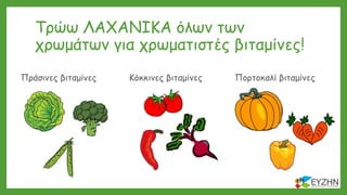 Τρώω ΛΑΧΑΝΙΚΑ όλων των
χρωμάτων για χρωματιστές βιταμίνες!
Πράσινες βιταμίνες Κόκκινες βιταμίνες Πορτοκαλί βιταμίνες
 