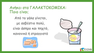 Ανήκει στα ΓΑΛΑΚΤΟΚΟΜΙΚΑ:
Ποιο είναι;
Από το γάλα γίνεται,
με ασβέστιο πολύ,
είναι άσπρο και πηχτό,
κανονικό ή στραγγιστό
 