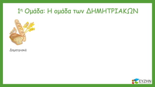 1η Ομάδα: Η ομάδα των ΔΗΜΗΤΡΙΑΚΩΝ
Δημητριακά ΛαχανικάΓαλακτοκομικά
Λίπη & Έλαια Γλυκά & ΣνακΚρέας & Αυγό
Φρούτα
Όσπρια
 