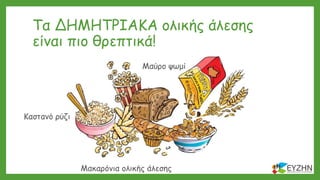 Τα ΔΗΜΗΤΡΙΑΚΑ ολικής άλεσης
είναι πιο θρεπτικά!
Μαύρο ψωμί
Καστανό ρύζι
Μακαρόνια ολικής άλεσης
 