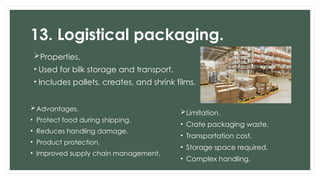 13. Logistical packaging.
Properties.
• Used for bilk storage and transport.
• Includes pallets, creates, and shrink films.
Advantages.
• Protect food during shipping.
• Reduces handling damage.
• Product protection.
• Improved supply chain management.
Limitation.
• Crate packaging waste.
• Transportation cost.
• Storage space required.
• Complex handling.
 