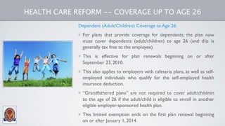HEALTH CARE REFORM -- COVERAGE UP TO AGE 26
             Dependent (Adult/Children) Coverage to Age 26:
               For...