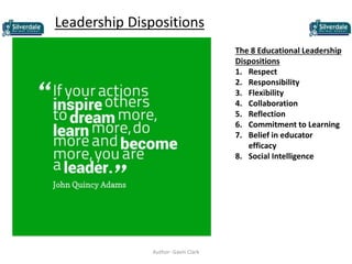 Leadership Dispositions
Author- Gavin Clark
The 8 Educational Leadership
Dispositions
1. Respect
2. Responsibility
3. Flexibility
4. Collaboration
5. Reflection
6. Commitment to Learning
7. Belief in educator
efficacy
8. Social Intelligence
 