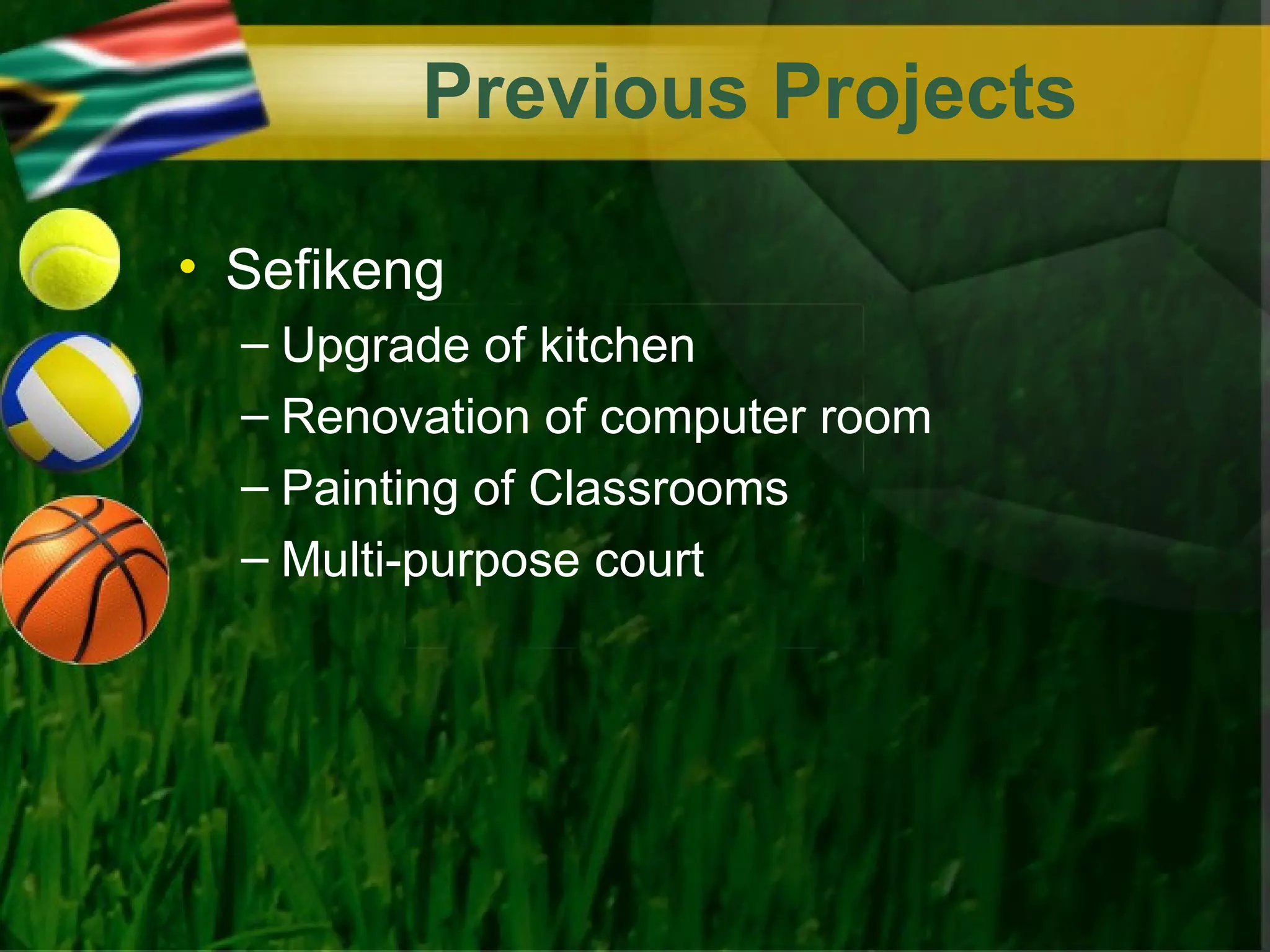 Previous Projects

• Sefikeng
  – Upgrade of kitchen
  – Renovation of computer room
  – Painting of Classrooms
  – Multi-purpose court
 