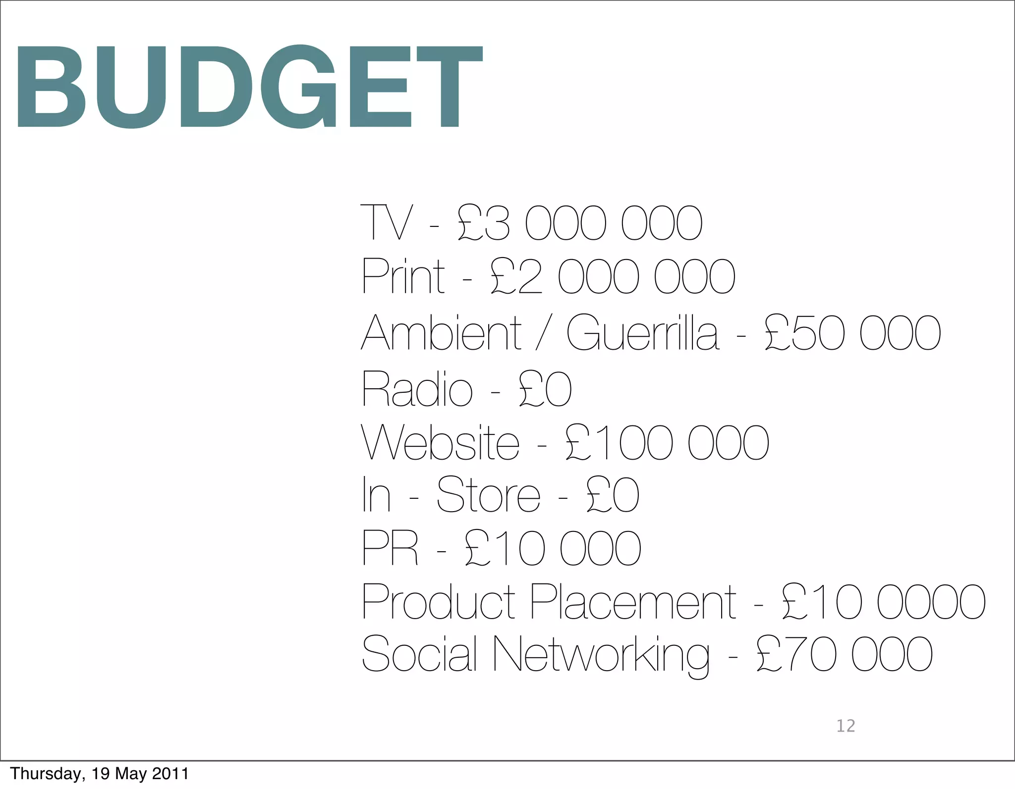 BUDGET
                        TV - £3 000 000
                        Print - £2 000 000
                        Ambient / Guerrilla - £50 000
                        Radio - £0
                        Website - £100 000
                        In - Store - £0
                        PR - £10 000
                        Product Placement - £10 0000
                        Social Networking - £70 000
                                             12

Thursday, 19 May 2011
 