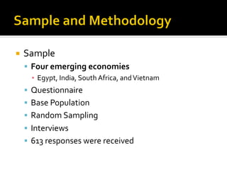 ¡  Sample	
  
  §  Four	
  emerging	
  economies	
  	
  
      ▪  Egypt,	
  India,	
  South	
  Africa,	
  and	
  Vietnam...