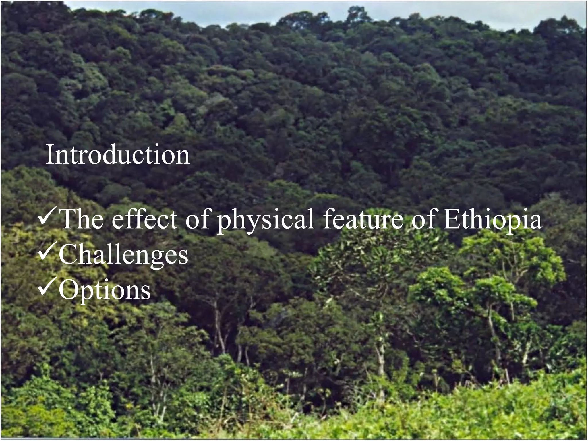 Introduction

The effect of physical feature of Ethiopia
Challenges
Options
 