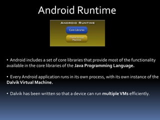 Android Runtime
• Android includes a set of core libraries that provide most of the functionality
available in the core libraries of the Java Programming Language.
• Every Android application runs in its own process, with its own instance of the
DalvikVirtual Machine.
• Dalvik has been written so that a device can run multipleVMs efficiently.
 