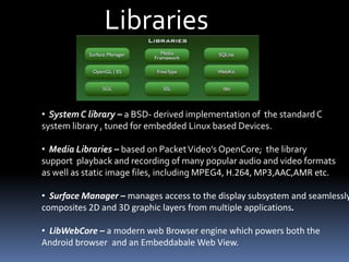 Libraries
• System C library – a BSD- derived implementation of the standard C
system library , tuned for embedded Linux based Devices.
• Media Libraries – based on PacketVideo’s OpenCore; the library
support playback and recording of many popular audio and video formats
as well as static image files, including MPEG4, H.264, MP3,AAC,AMR etc.
• Surface Manager – manages access to the display subsystem and seamlessly
composites 2D and 3D graphic layers from multiple applications.
• LibWebCore – a modern web Browser engine which powers both the
Android browser and an Embeddabale Web View.
 
