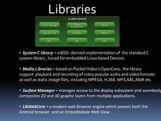 Libraries
• System C library – a BSD- derived implementation of the standard C
system library , tuned for embedded Linux b...