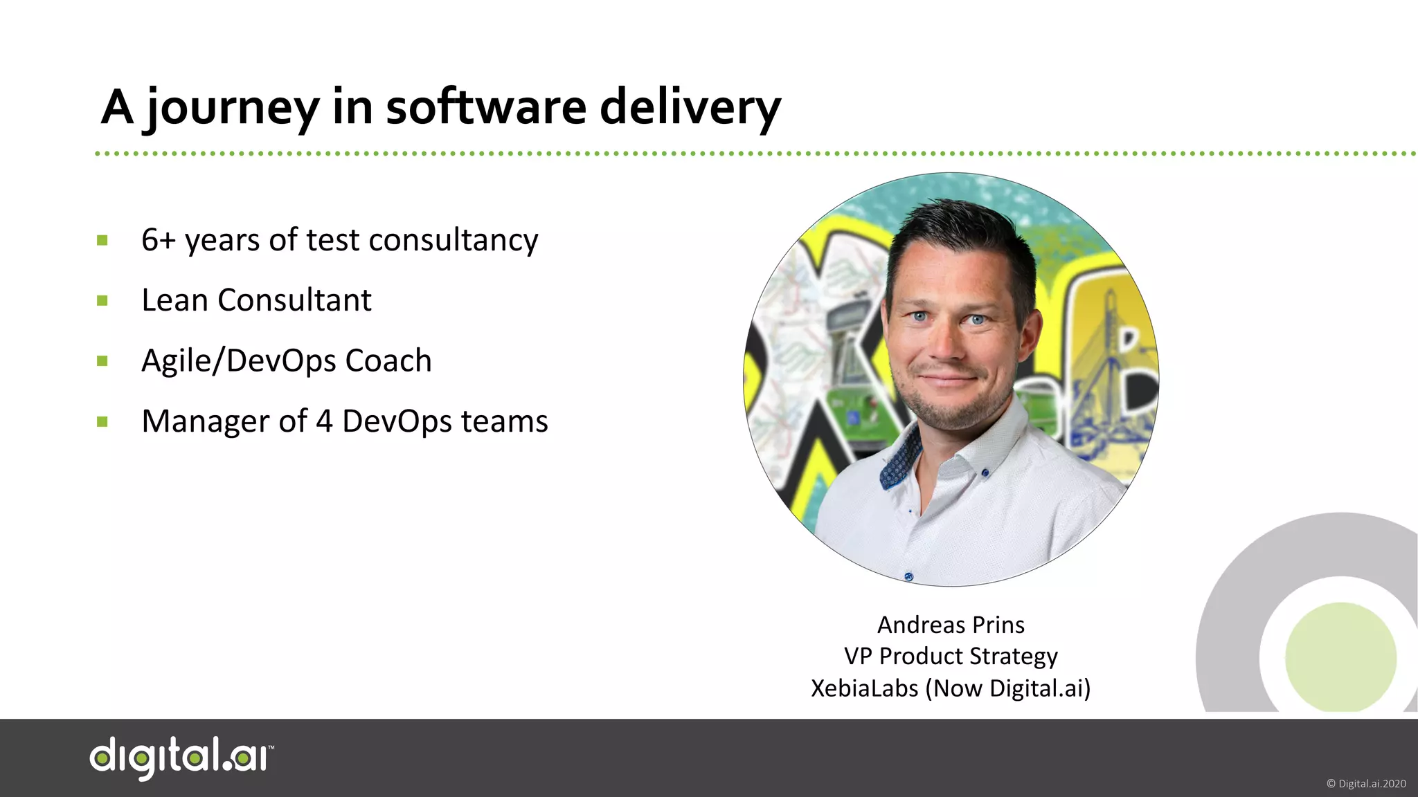 © Digital.ai.2020
A journey in software delivery
▪ 6+ years of test consultancy
▪ Lean Consultant
▪ Agile/DevOps Coach
▪ Manager of 4 DevOps teams
Andreas Prins
VP Product Strategy
XebiaLabs (Now Digital.ai)
 