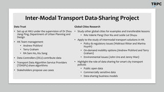 Inter-Modal Transport Data-Sharing Project
Data Trust
• Set up at HKU under the supervision of Dr Zhou
Jiang Ping, Department of Urban Planning and
Design
• HK Team management
• Andrew Pickford
• Terry Graham
• RA Sam Ho, Kiu Sang
• Data Controllers (DCs) contribute data
• Transport Data Algorithm Service Providers
(TDASPs) share algorithms
• Stakeholders propose use cases
Global Cities Research
• Study other global cities for examples and transferable lessons
• RAs Valerie Pang Chor Kiu and Leslie Lei Shuyu
• Apply to the study of intermodal transport solutions in HK
• Policy & regulatory issues (Waltraut Ritter and Marina
Huynh)
• On-demand mobility options (Andrew Pickford and Terry
Graham)
• Environmental issues (John Ure and Jenny Wan)
• Highlight the role of data sharing for smart city transport
policies
• Public open data
• Commercially sensitive data
• Data-sharing business models
 