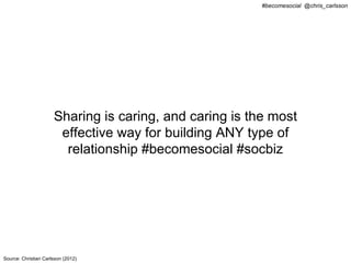 #becomesocial @chris_carlsson




                      Sharing is caring, and caring is the most
                       effective way for building ANY type of
                        relationship #becomesocial #socbiz




Source: Christian Carlsson (2012)
 