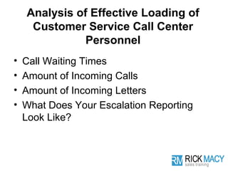 Analysis of Effective Loading of
     Customer Service Call Center
               Personnel
•   Call Waiting Times
•   Amount of Incoming Calls
•   Amount of Incoming Letters
•   What Does Your Escalation Reporting
    Look Like?
 