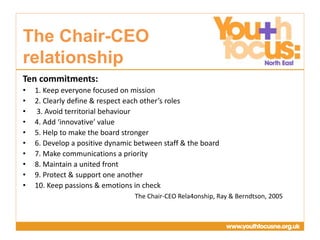 Presentation
Title Goes Here
Ten commitments:
• 1. Keep everyone focused on mission
• 2. Clearly define & respect each other’s roles
• 3. Avoid territorial behaviour
• 4. Add ‘innovative’ value
• 5. Help to make the board stronger
• 6. Develop a positive dynamic between staff & the board
• 7. Make communications a priority
• 8. Maintain a united front
• 9. Protect & support one another
• 10. Keep passions & emotions in check
The Chair-CEO Rela4onship, Ray & Berndtson, 2005
The Chair-CEO
relationship
 