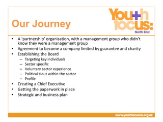 Presentation
Title Goes Here
• A ‘partnership’ organisation, with a management group who didn’t
know they were a management group
• Agreement to become a company limited by guarantee and charity
• Establishing the Board
– Targeting key individuals
– Sector specific
– Voluntary sector experience
– Political clout within the sector
– Profile
• Creating a Chief Executive
• Getting the paperwork in place
• Strategic and business plan
Our Journey
 