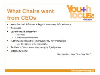 Presentation
Title Goes Here
• Keep the chair informed – Regular consistent info, evidence
• Assurance
• Lead the team effectively
– – Resources
– – Performance management
• Continually striving for improvement / never satisfied
– – Lead development of the strategic plan
• Resilience / determination / integrity / judgement
• Externally facing
Two Leaders, One Direction, 2010
What Chairs want
from CEOs
 